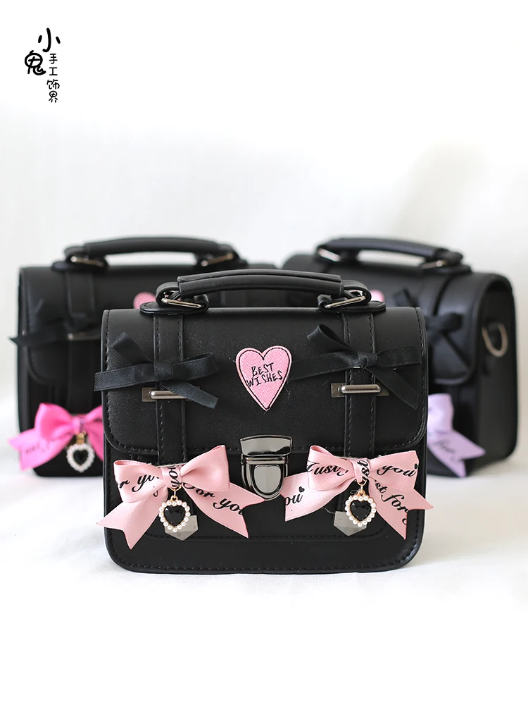 Sweet Cool Black Pink Japanese Jk Uniform Bag Lolita Bow Cambridge Bag Academy Style Cross Shoulder Postman Bag