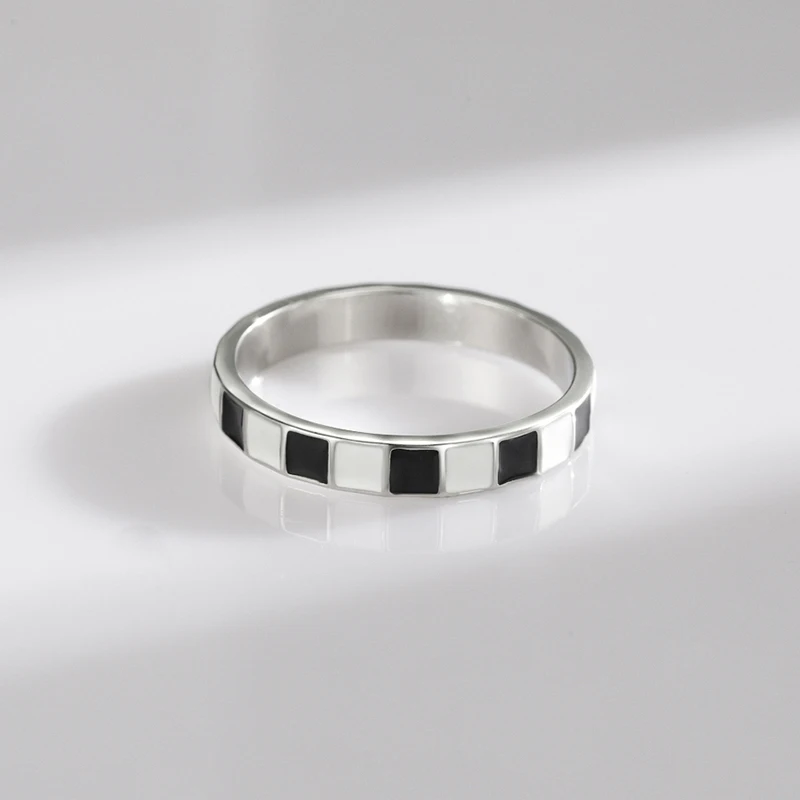 Modian 925 Sterling Silver Minimalist Black And White Grid Enamel Trendy Ring For Women Unique Original Design Ring Fine Jewelry