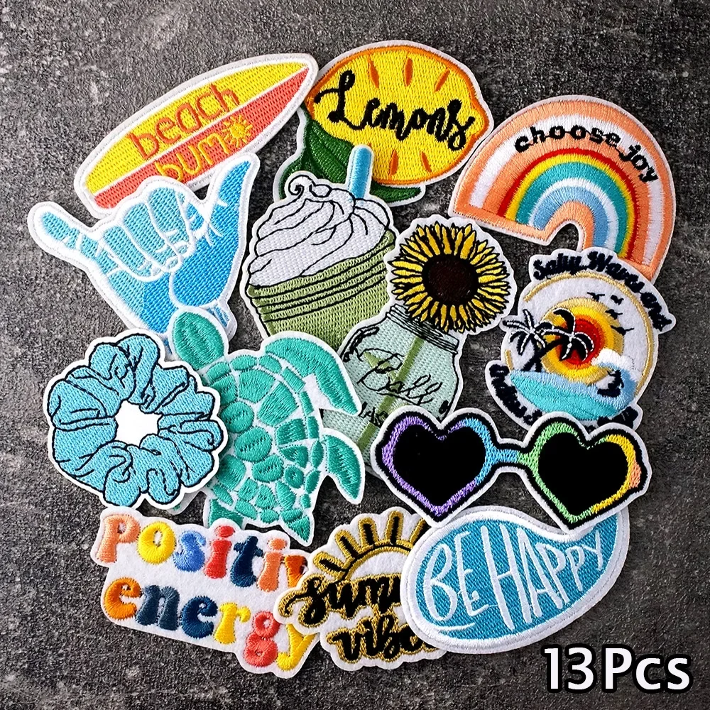 13Pcs/Lot Sunflower Rainbow Beach Lemon Patches Embroidery Applique Ironing Clothing Sewing Supplies Decorative Badges Patch