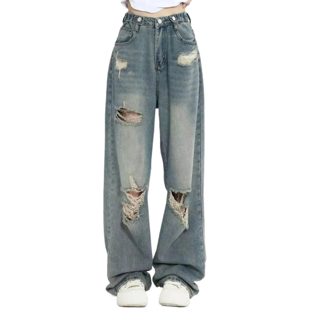 2024 Vintage Hole Y2k Women Jeans High Waist Jeans Wide Leg Baggy Loose Straight Hip Hop Streetwear Dragging Denim Pants