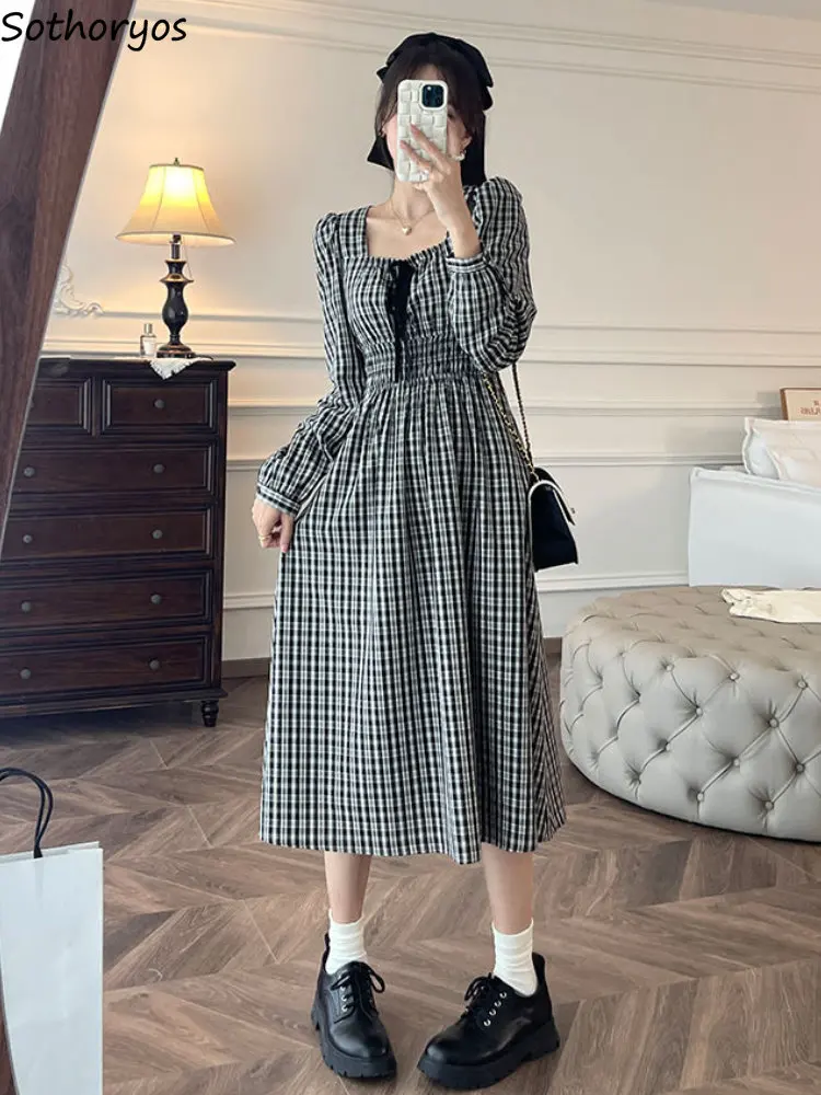 

Plaid Dresses Women Design Retro Empire Temperament Tender Minimalist Korean Style Fashion Vestidos Classic Ladies Spring