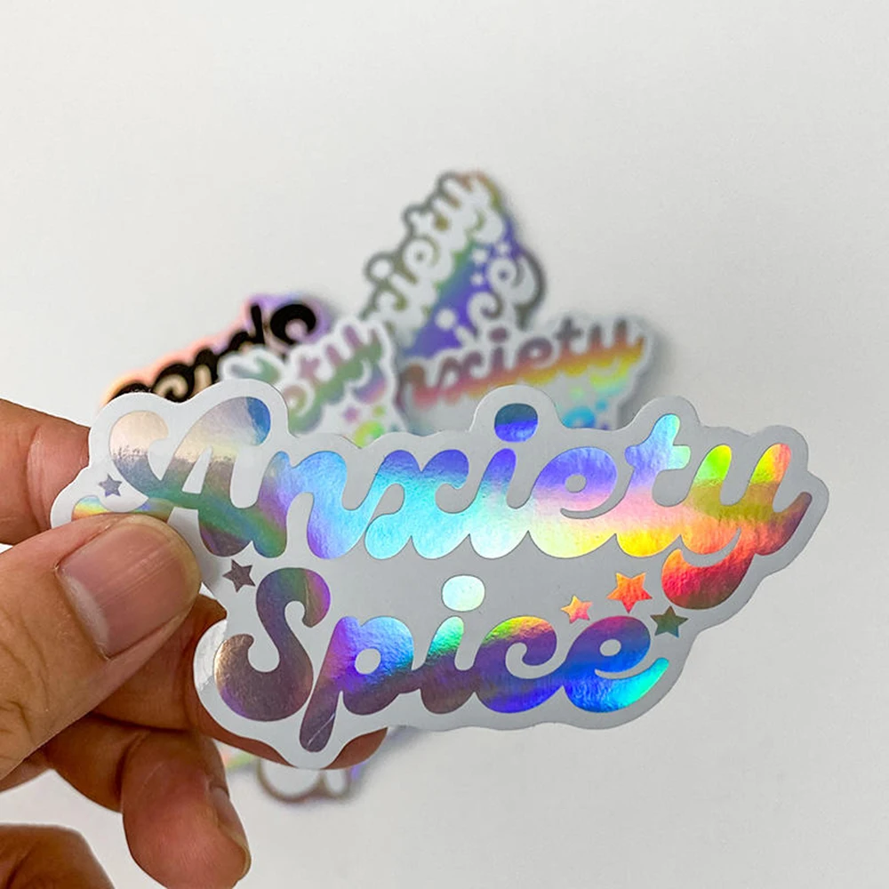 Holographische Aufkleber mit individuellem Logo, wasserdicht, Laser-Silber, Anime, gestanztes Vinyl, transparent, für Laptop, Skateboard, Auto, Hochzeit – Detail 10