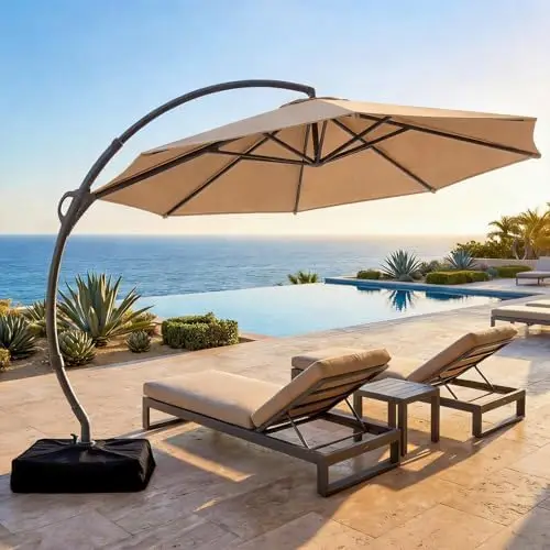 Outdoor Patio Umbrella with Base included, 11 FT Deluxe Curvy Cantilever Umbrella Heavy Duty Offset Hanging Umbrella