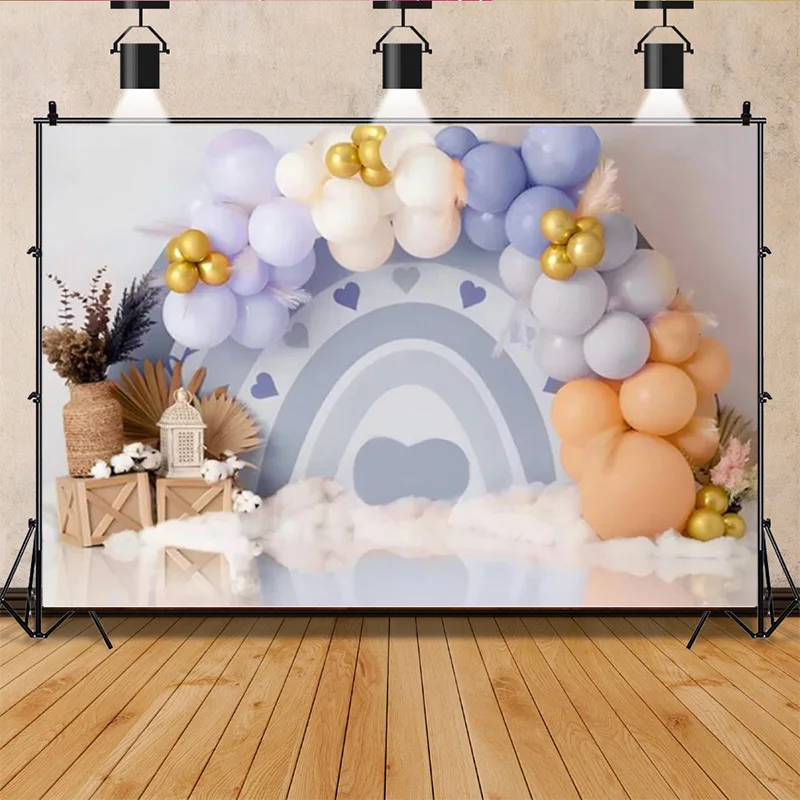 One Year Old Birthday Party Decor Newborn Photography Backdrop Rainbow Balloon Galaxy Studio Background Photo Booth Props PK-07