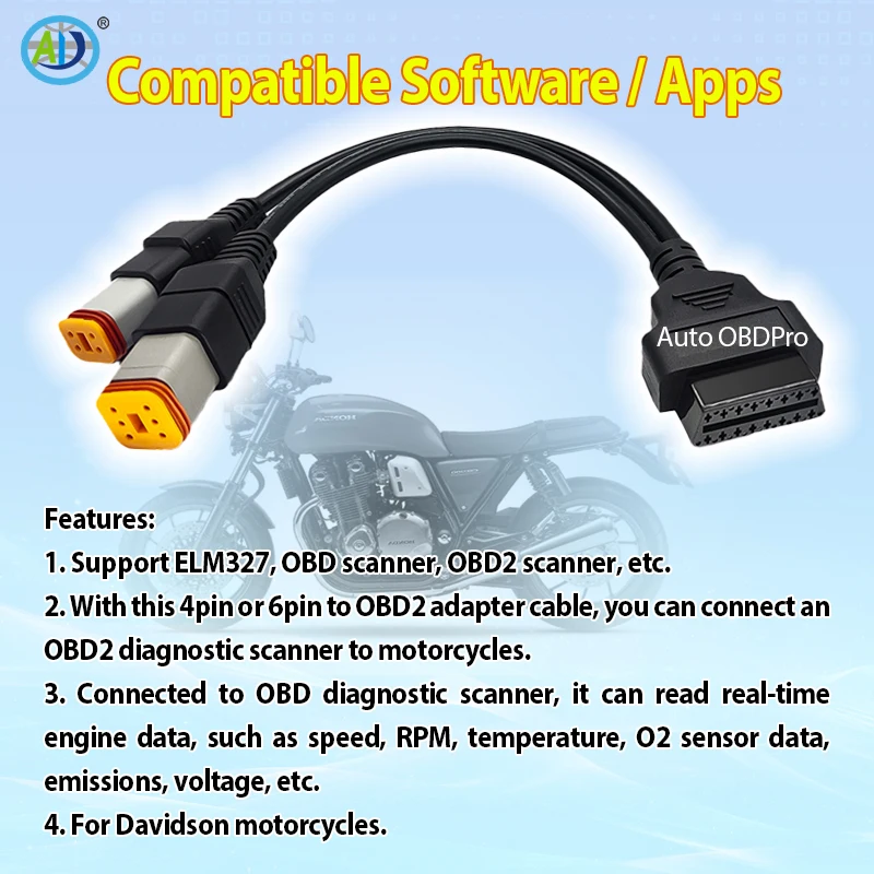 

Диагностический адаптер-кабель 2-в-1 OBD2 (4/6 контактов) для Harley-Davidson: Softail, Dyna, V-Rod, Touring, Sportster, Street – для сканирования ЭБУ