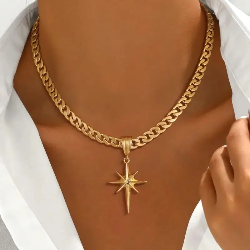 Flat Cuban Eight-Pointed Star Pendant Necklace for Women Trendy Star Charm Choker Jewelry Anniversary Gifts