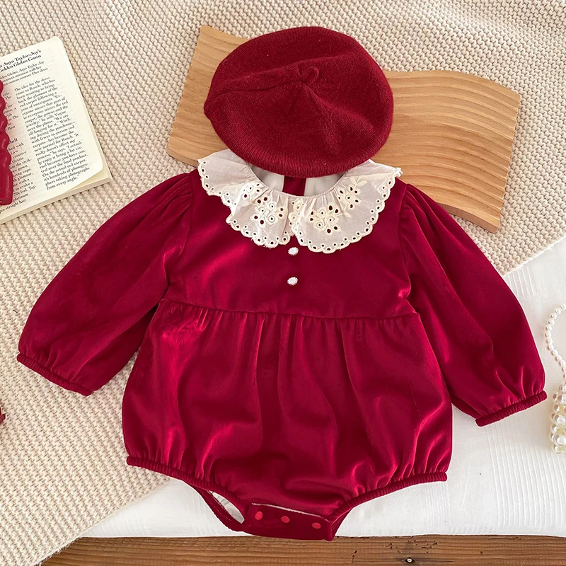 2024 New Winter Christmas Baby Thicken Clothing Newborn Baby Girls Thicken Bodysuits Lace Splicing Korean Style Climbing Suit