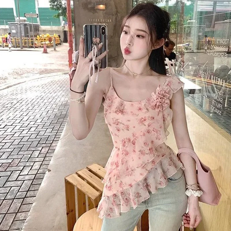 

Irregular Ruffled Edge Floral Chiffon Shirt for Women Summer New Slim Fit Sexy Shoulder-straps Skirt Top Fashion Women Clothing