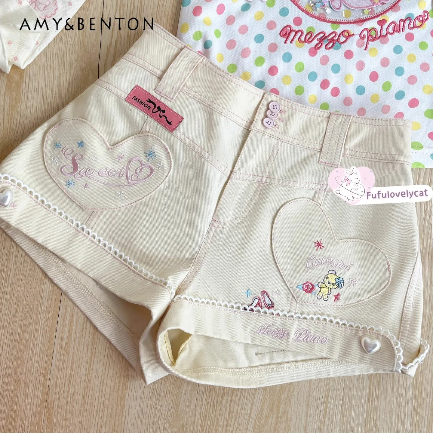 

Kawaii Anime Girl Subculture High Waist Slim Shorts Japanese Sweet Cute Heavy Cartoon Embroidery Patchwork Color Denim Shorts