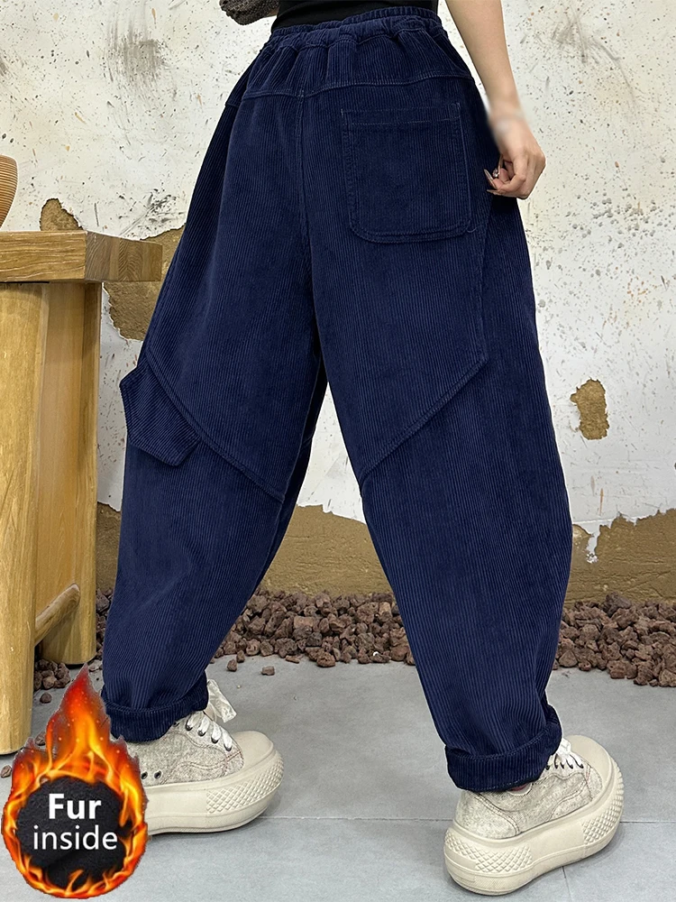 Amax LuluE diseño invierno señoras moda espesar pantalones de piel de pana señoras sueltas Vintage cálido Casual cintura elástica Harem pantalones