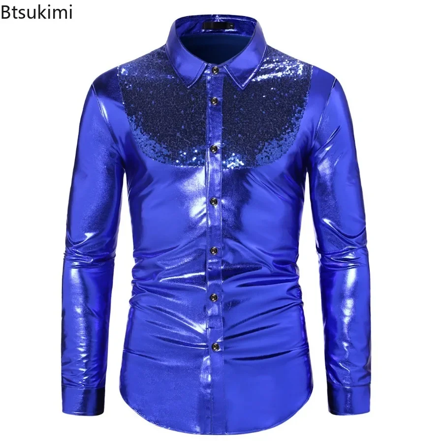 2024 Men's Slim Wedding Party Long Sleeve Shirt Luxury Silk-Like Satin Dress Shirts Tops Male Sequins Design Disco Dance Shirt