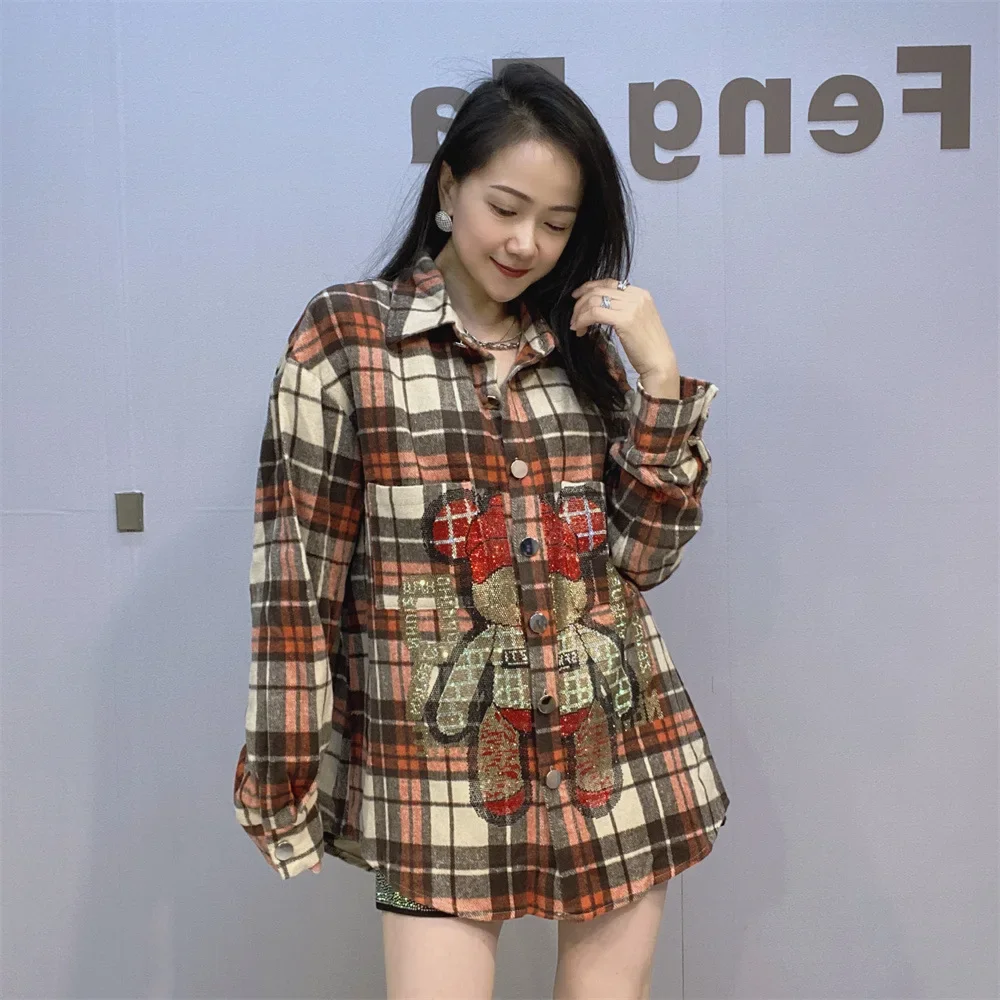 Vintage Sanding Plaid Shirts Women 2025 New Spring Autumn Loose Cardigans Top All-match Cute Bear Hot Drilling Casual Blouses