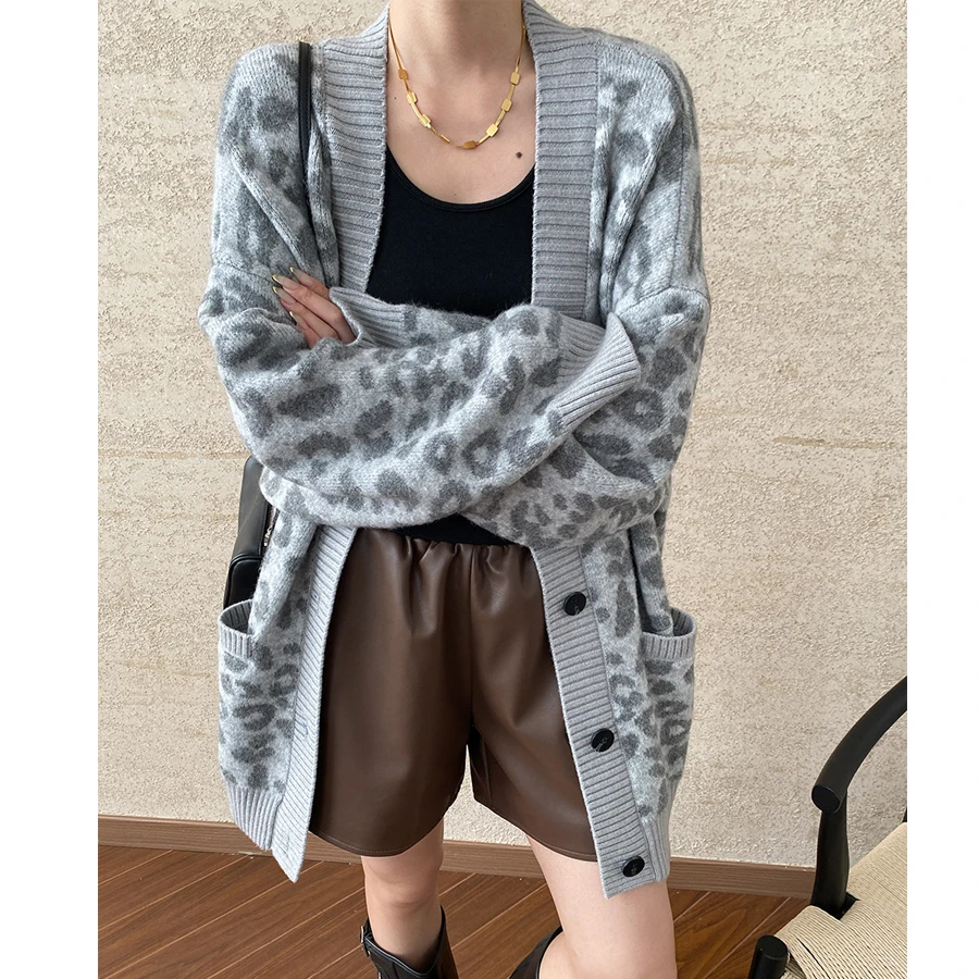 Women Autumn V-Neck Leopard Print Vintage Cardigans Coat Knitted Single Button Blue Sweater Women Winter Cape Clothes Tops