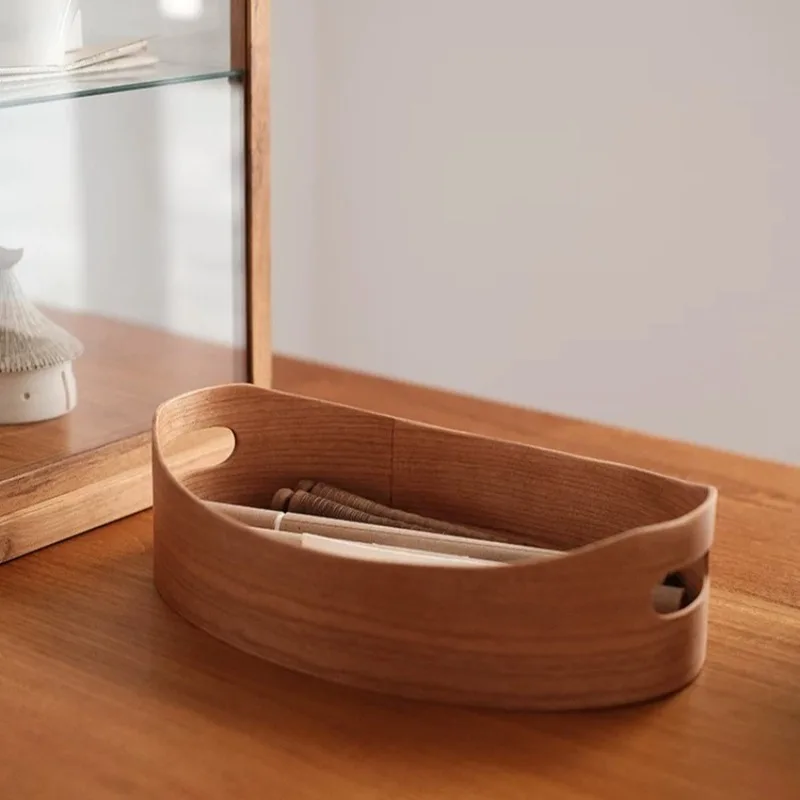 Portable Storage Tray Solid Wood Desk Organizer Living Room Fruit Snack Holder with Handle Household Storage Plate Desktop Decor