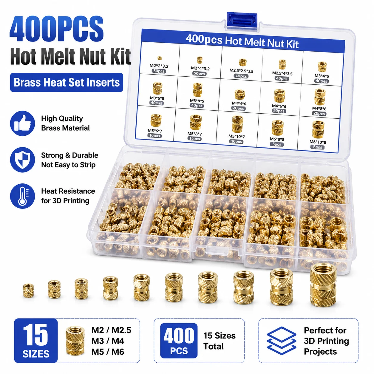 400PCS Brass Heat Set Inserts Kit M2 M3 M4 M5 M6 Threaded Nuts Assortment for 3D Printing Projects Plastic Parts Repair Embedded