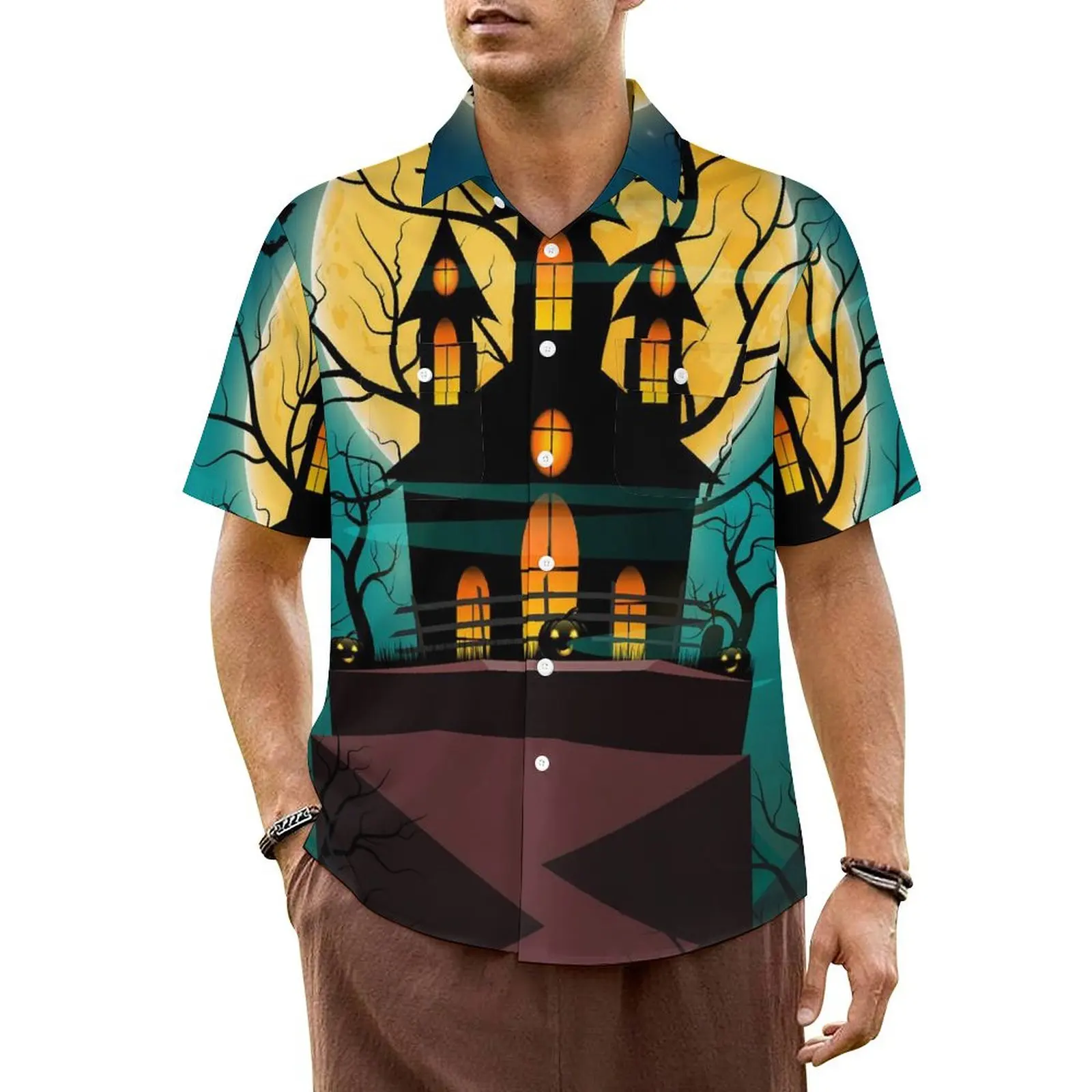 

Hawaii Shirt Beach Halloween Night Haunted Mansion Blouses Pumpkin Haunted House Casual Shirts Men Fashion Oversized Clothing