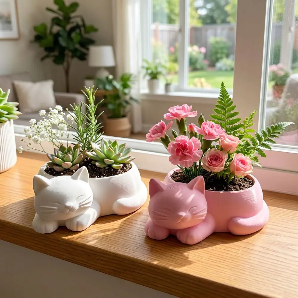 Unique 3D Printed Cat-Shaped Flower Pot Cute Animal Lazy Cat Mini Potted Plant Plastic Novelty Jewelry Tray Indoor/Outdoor Use