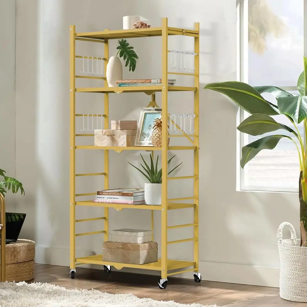 رف تخزين قابل للطي من 5 طبقات مع 20 خطافًا، وحدة بعجلات للمطبخ، والمرآب، والمكتب المنزلي، والدفيئة، باللون الذهبي
