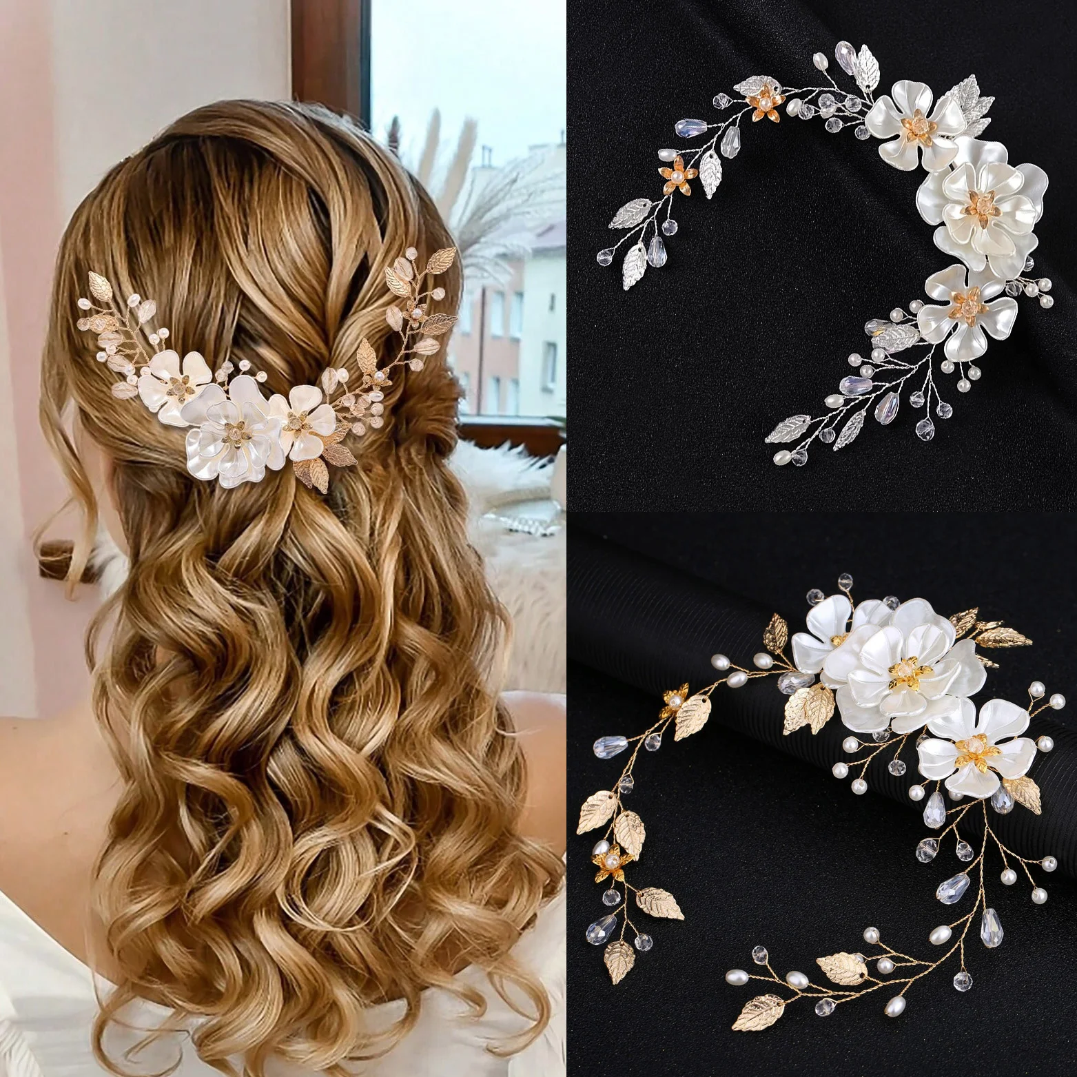 1Pcs Bride Wedding Hair Vine Pearl Leaves Modelling Hair Bands Headdress Baroque Bride Bridesmaid Hair Bands