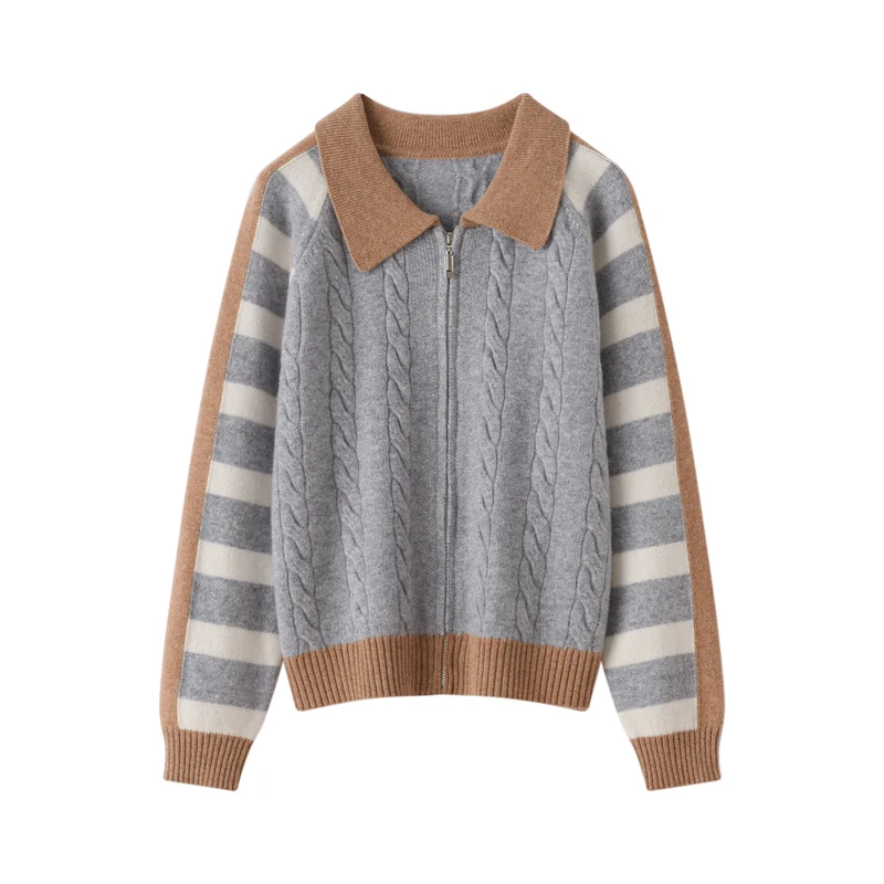 Свитер с лацканами из 100% мериносовой шерсти, женский осенне-зимний модный полосатый вязаный кардиган, модный свитер одинакового цвета