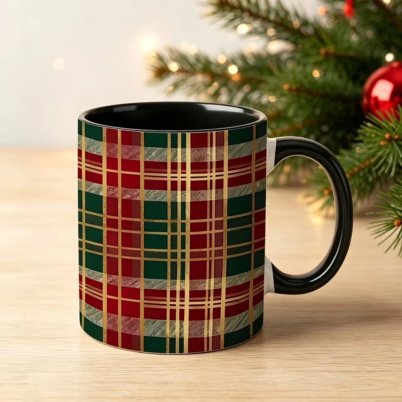 1pc 11Oz 2D This Plaid Coffee Mug Features a Tartan-Style Design in Classic Red, Green, And Golden. Perfect for Home Or Office Use, It Makes an Ideal Gift for Christmas, Thanksgiving, And Other Holidays