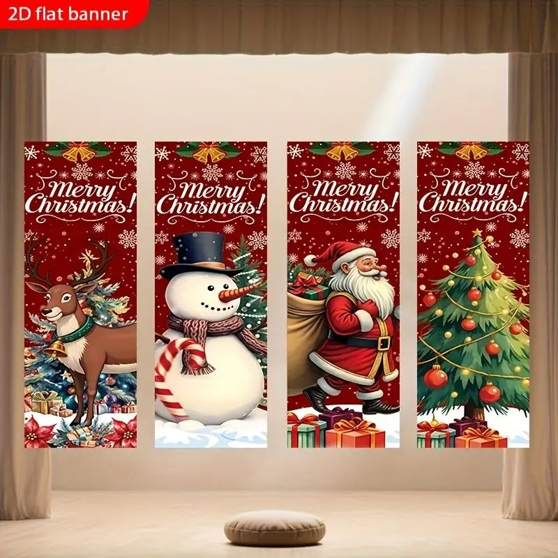 VIKAMA Festive Wall Hanging for Bedroom, 4 Pc Vertical Banner Reindeer Snowman Santa Tree, Christmas Room Decor for Dorm