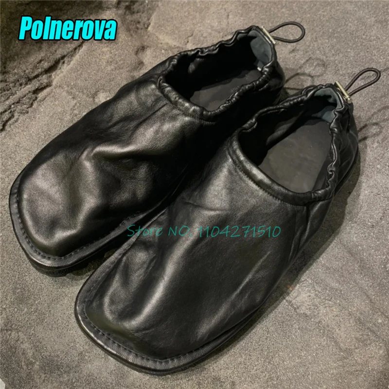 

Summer New Shallow Black Soft Leather Casual Shoes Square Toe Drawstring Strap Half Slippers Comfortable Men Women Flat Mules