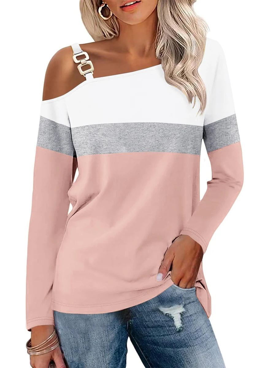 Women Cold Shoulder Long Sleeve T Shirt Autumn Winter Colorblock Patchwork Casual Pullover Top Metal Strap Skew Collar Blouse