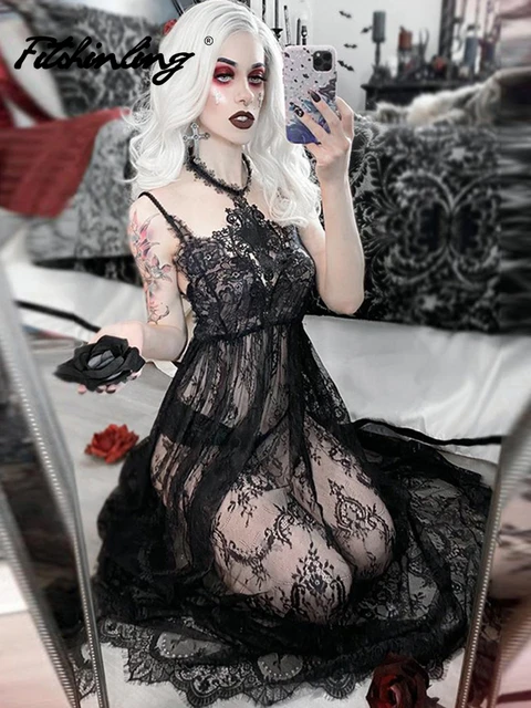 Fitshinling Goth Lace Long Dress Camisole Neck mounted Perspective Thin Dresses Gothic Grace Dark Elegant Summer Women Vestido Dresses AliExpress