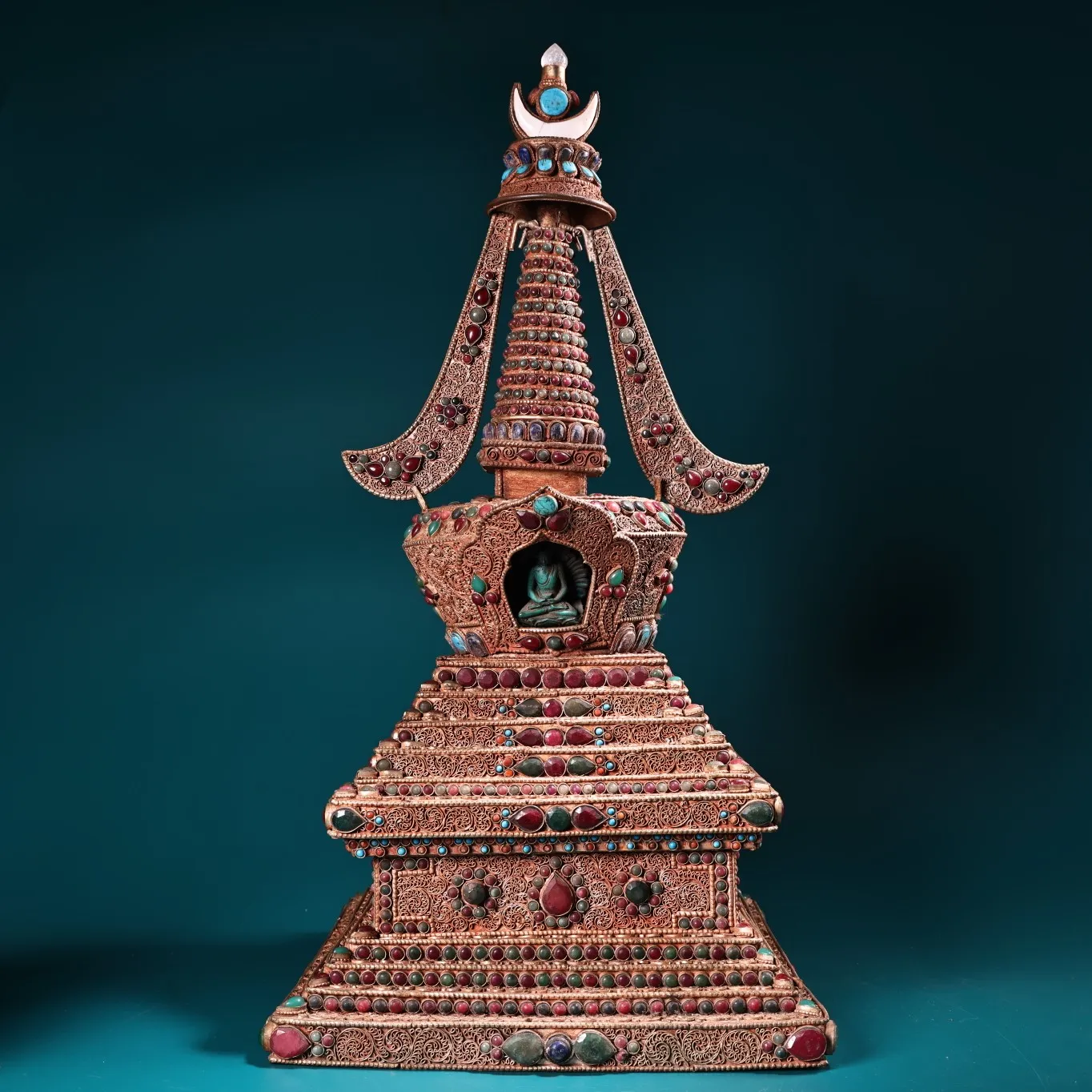 

19"Tibetan Temple Collection Old Tibetan silver Mosaic Gem Turquoise Shakyamuni Buddha Pagoda Stupa Worship Hall Town house