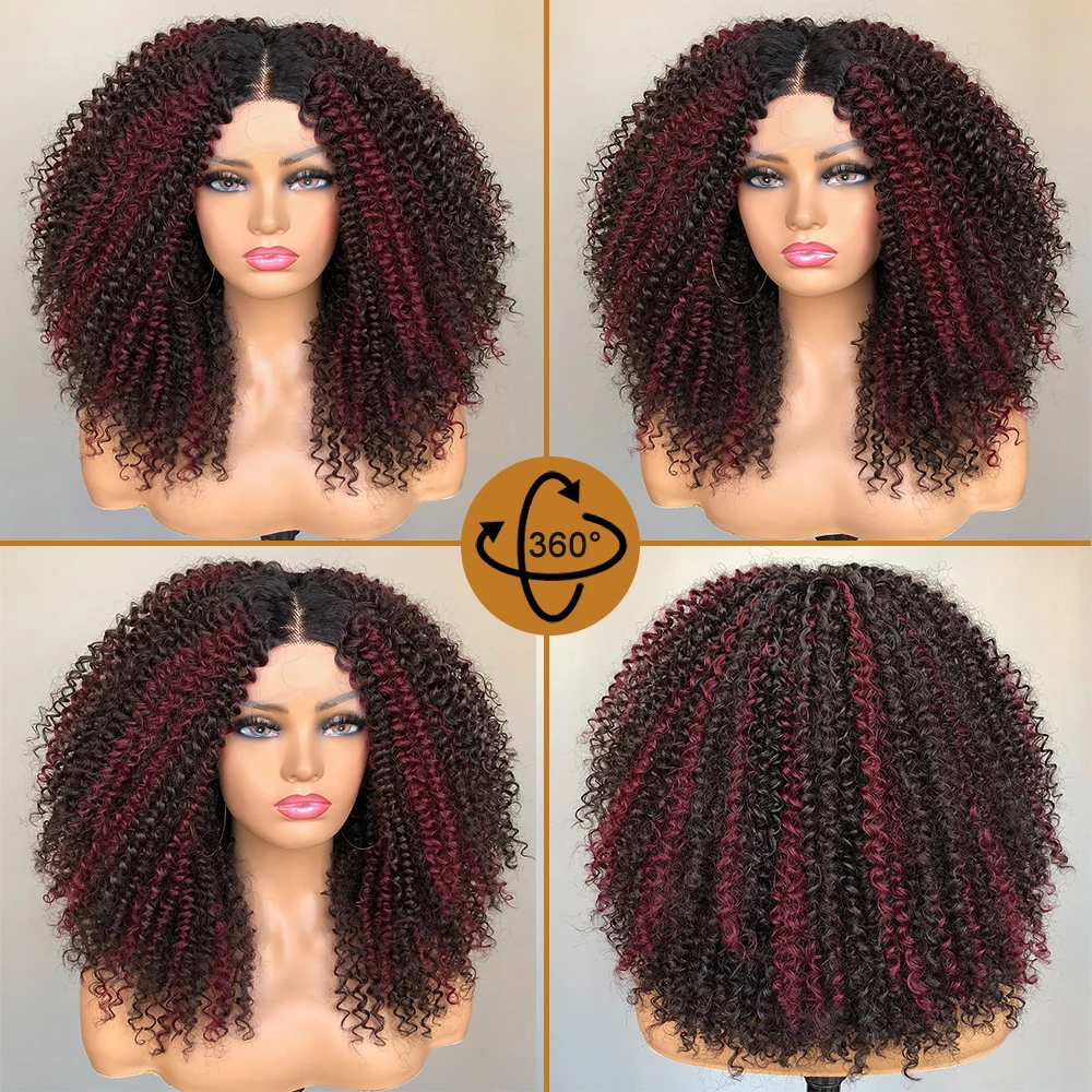 Peruca dianteira do laço afro kinky encaracolado para mulheres, cabelo sintético, pré-arrancado, fibra resistente ao calor, sem cola