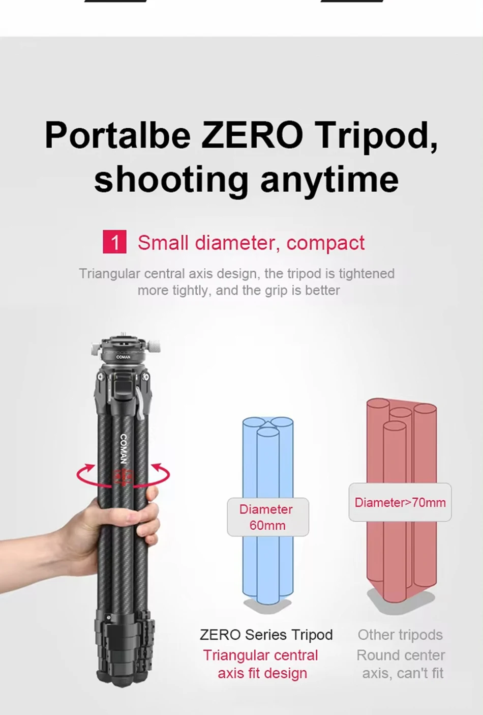 COMAN Zero Y Leichtes Reisestativ aus Vollcarbon Professionelles Outdoor-Stativ mit Arca Swiss Schnellwechsel-Kugelkopf – Detail 5