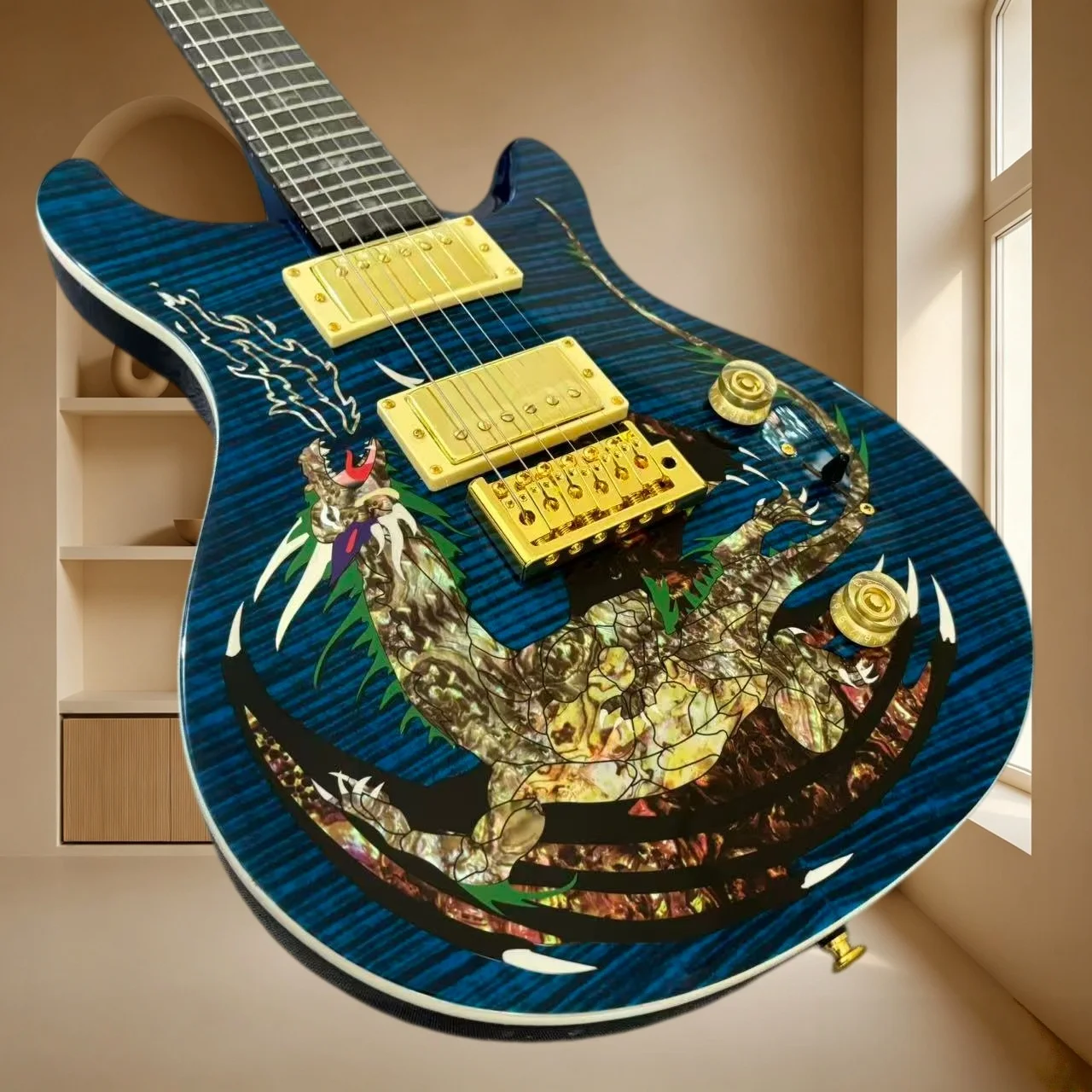 Blue Flame Dragon Shell Inlay PRS Style Electric Guitar Mahogany Body Gold Hardware Tremolo Collectible Guitar Free Shipping