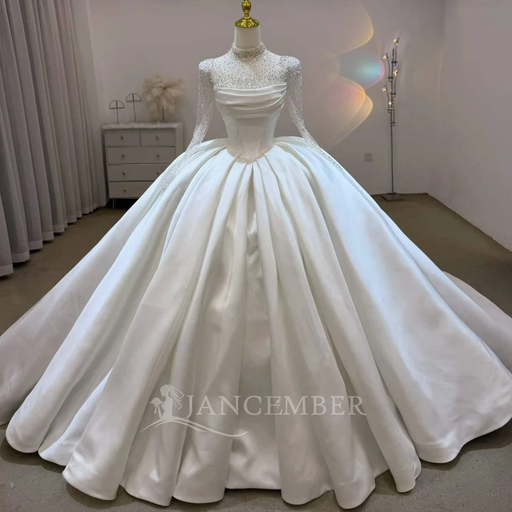Customized High Neck Satin Long Sleeves Bride Wedding Dresses 2026 Women Princess Court Train Bridal Gown vestidos de novia boda