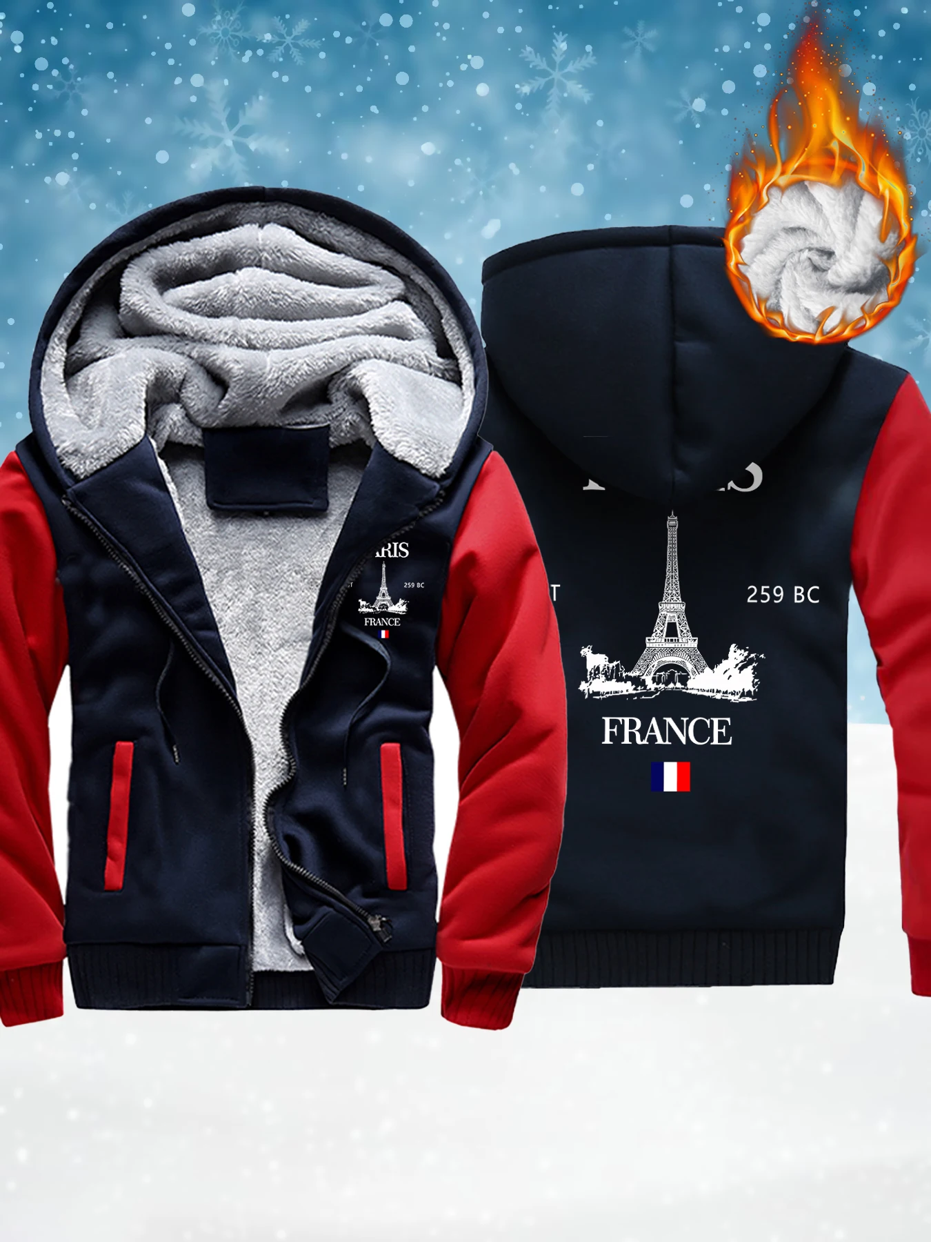

Paris France Eiffel Tower Pattern Men'S Fleece Fashion Jackets Winter Basics Coat Warm Thicken Hoodie Comfy Zipper Sportswear