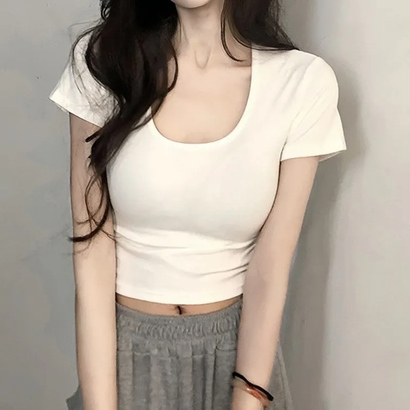 T-shirt en coton pour femmes, coupe cintrée, ort Sve u-ne, Sle, printemps été, couleur Pure, nombril, vêtements intérieurs