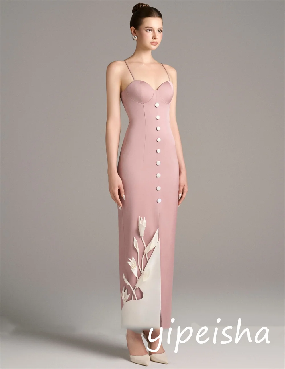 Customized Chinese Style Jersey Flower Button Straight Scoop Neck Midi Dresses Bespoke Occasion Simple