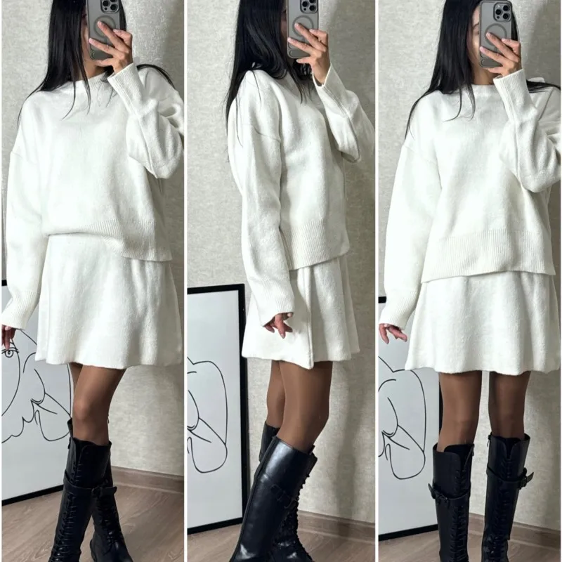 Elegant Women's Sets Knitwear Autumn Winter Solid O-neck Pullover Long Sleeve Mini Skirts Set Woman Loose Casual Sweater Lady