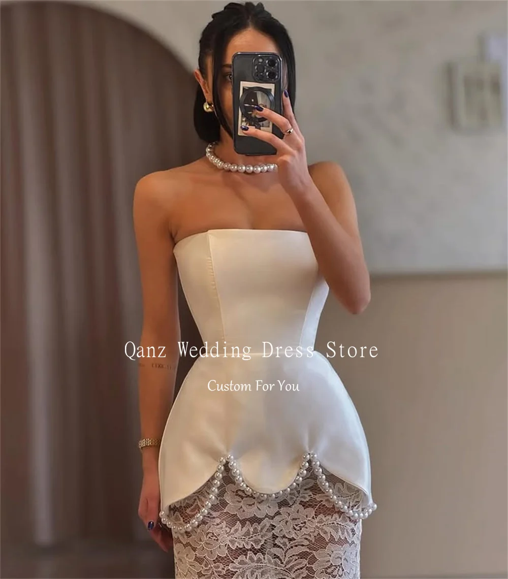 Qanz Elegant Strapless Wedding Dresses for Brides Pearls Lace Illusion Mermaid Prom Dresses Women Vestidos De Fiesta Customized