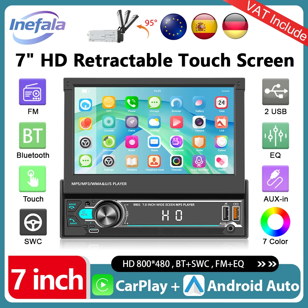 Podofo 1din 7In lecteur MP5 voiture multimédia stéréo HD écran tactile Radio universelle BT TF USB FM récepteur Radio système Intelligent