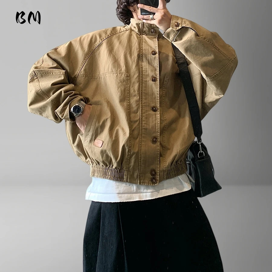 

Американская рабочая одежда, мужская куртка, винтажная уличная одежда с воротником-стойкой, свободная осенняя одежда высокого качества, повседневное модное пальто цвета хаки, мужское