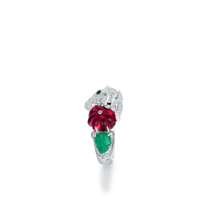 Bellux 925 Silver White Gold Plated Synthetic Zircon Animal Ring Ruby Emerald Gems Carving Light Luxury Leopard Rings