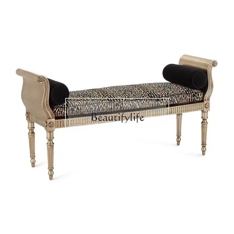 French classical solid wood old carved bedside stool light luxury fabric leopard print sofa bench