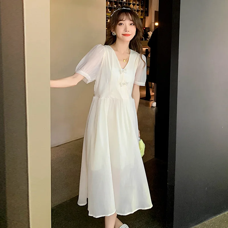 

Maternity Summer Dress Temperament V-neck Button Ethnic Style 2022 New Elegant Casual Versatile Pregnancy Dresses V-Neck Fashion