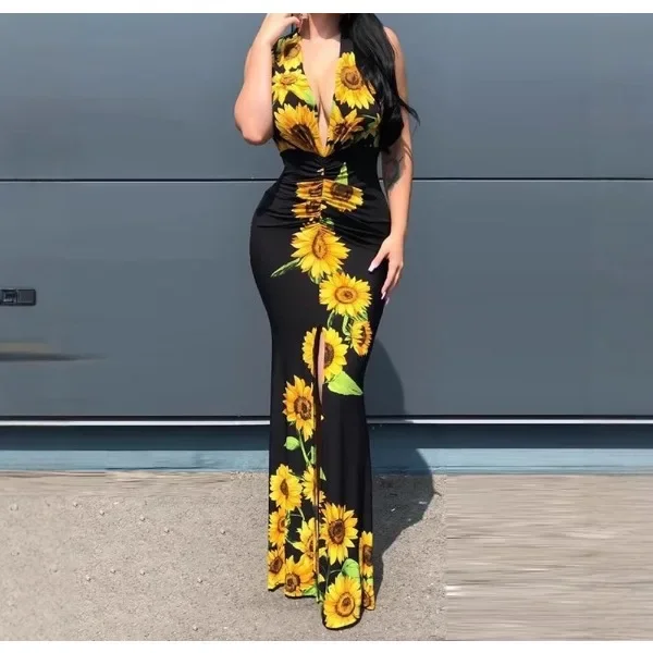 

Sexy Dresses for Women New Summer 2025 V-neck Neck Temperament Elegant Fashion Printed Dress Streetwear Sleeveless Long Skirt