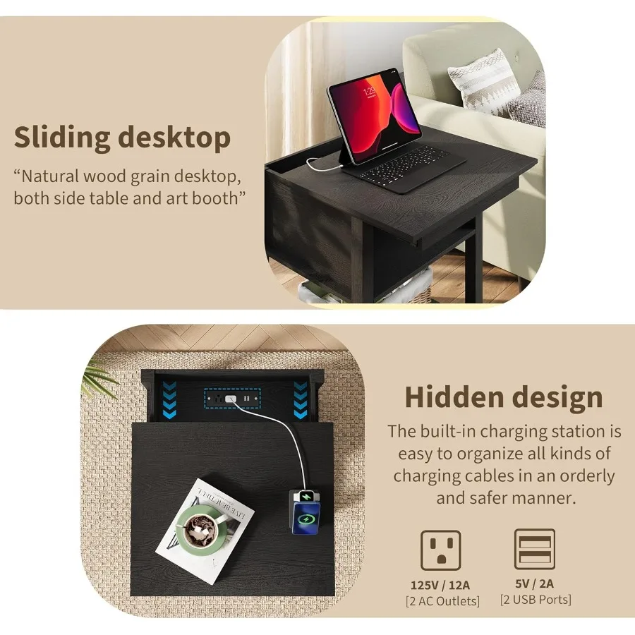 طاولة جانبية منزلقة مع محطة شحن، طاولة جانبية للتخزين بطبقتين، منضدة خشبية لغرفة النوم وغرفة المعيشة باللون الأسود