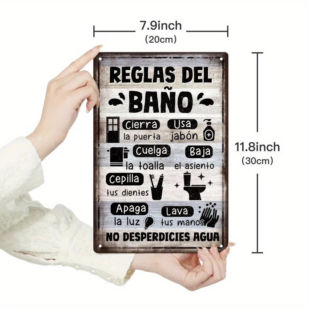 Spanish Vintage Bathroom Rules Metal Sign | Classic Wall Decor | No Power Needed Easy Hang | for Farmhouse, Home