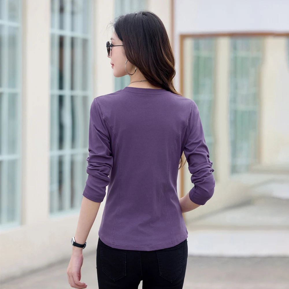 Wine red long sleeved T-shirt for women's spring and autumn new high-end cotton fashion plus size slim fit round neck casual top