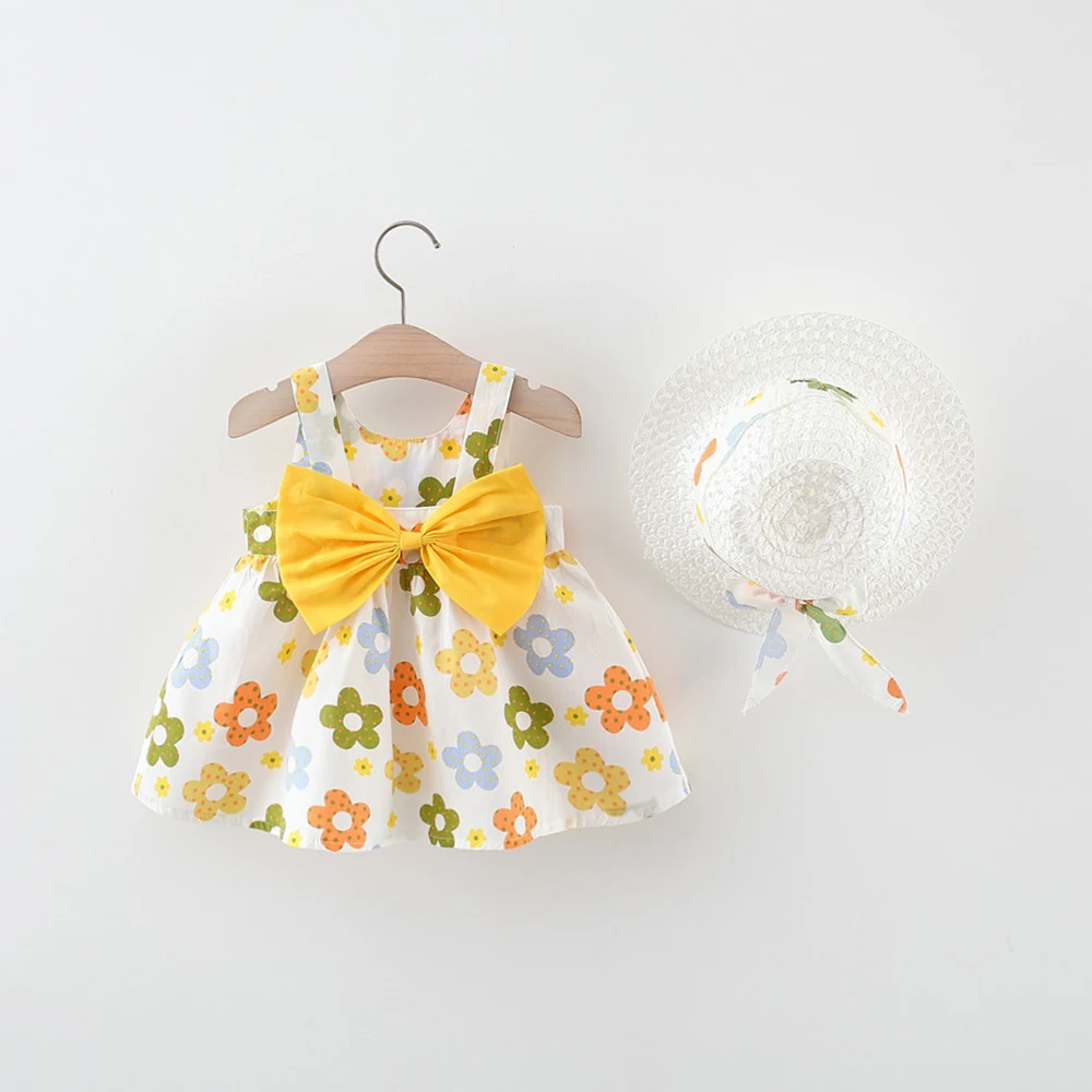 Summer New Girl's Small Flower Strap Skirt Princess Skirt Baby Girl Children's Dress Comes with Hat