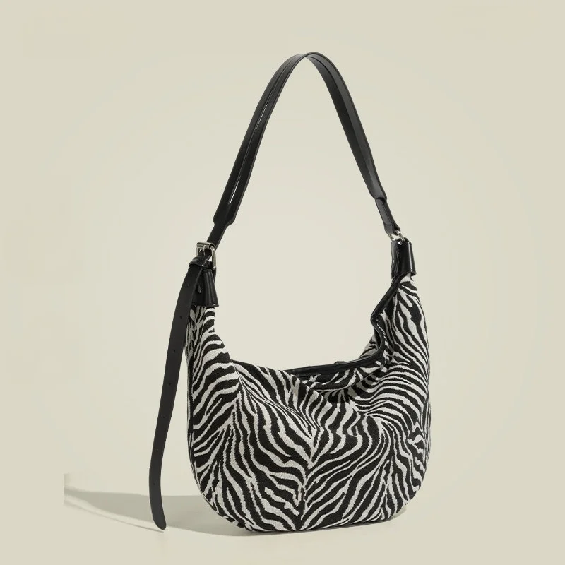 Fashion Retro Girl Crossbody Bag Casual Comfortable Black White Zebra Print Minimalist Sporty Campus Youth Soft Dumpling Wrap